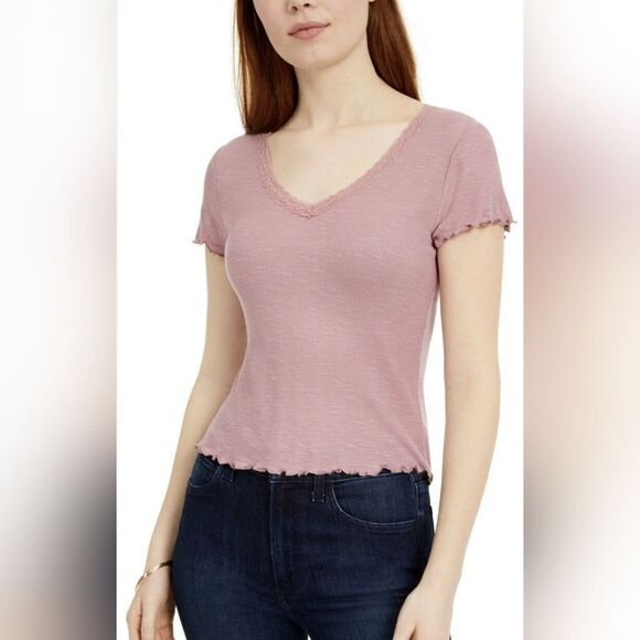 Pink Rose Dusty Mauve Waffle Knit Lace Neckline & Lettuce Hem Blouse (S) - Picture 1 of 6